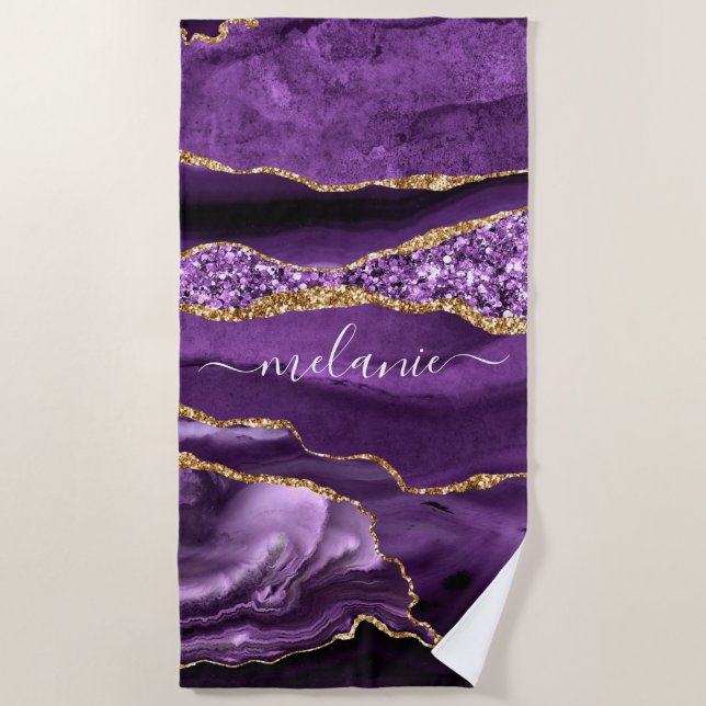 Serviette De Plage Géode Personnalisé Violet Pourpre Paillettes D'or  (Devant)