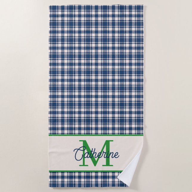 Serviette De Plage Gingham à carreaux bleu et vert Tartan Monogramme (Devant)