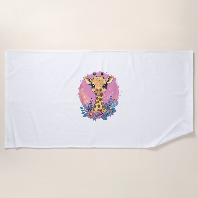 Serviette De Plage Giraffe Adorable Entourée De Fleurs _2 (Devant)