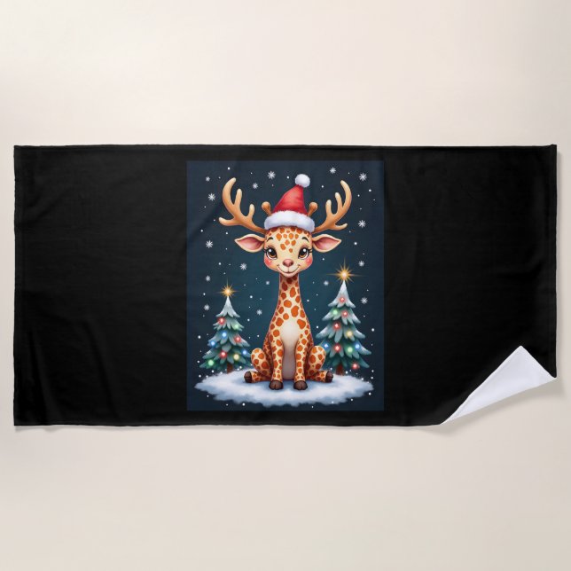 Serviette De Plage Giraffe Reindeer Casquette Père Noël Christmas Tre (Devant)