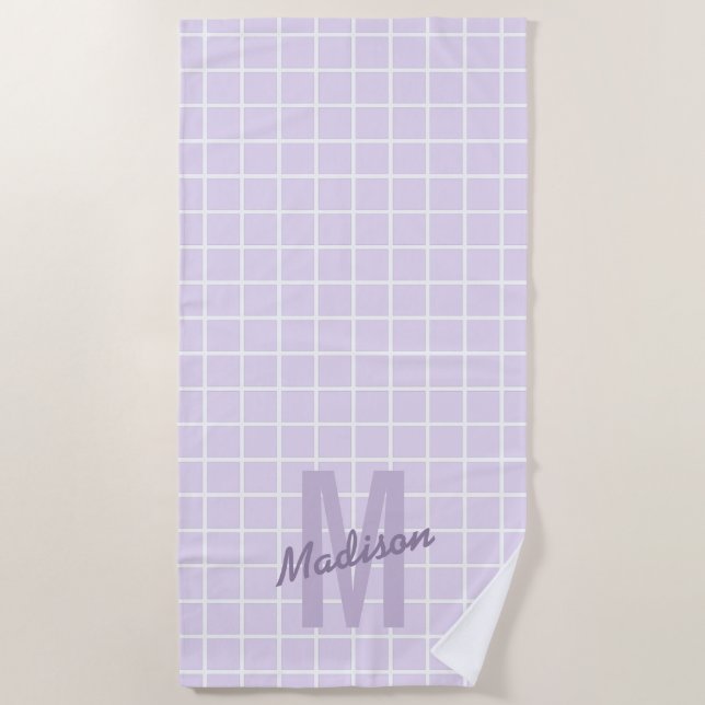 Serviette De Plage Girl lavender violet grille motif nom monogramme (Devant)