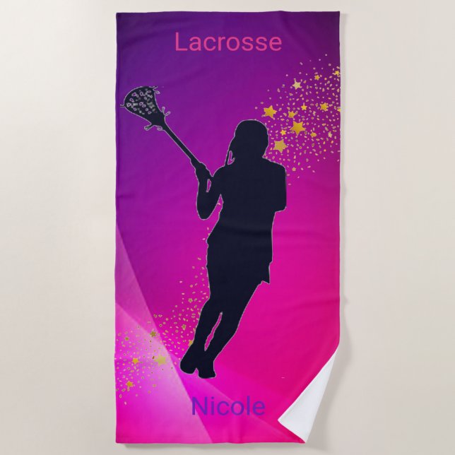 Serviette De Plage Girls Lacrosse Rose & Purple Gold Stars (Devant)