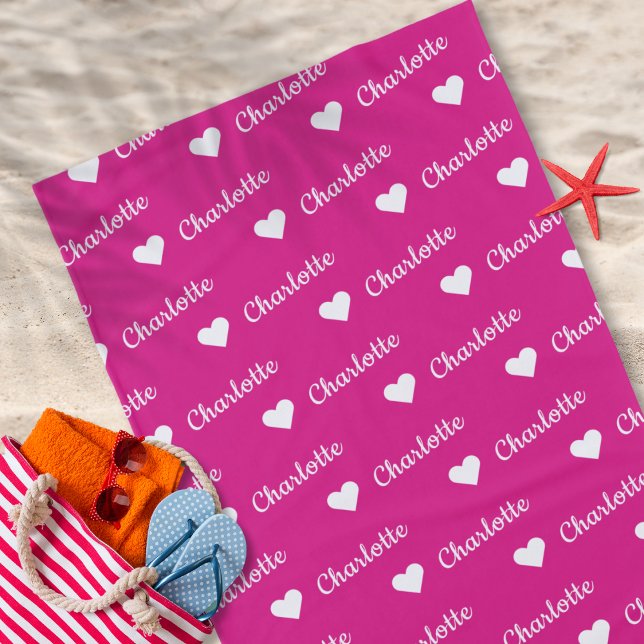 Serviette De Plage Girly rose Nom répétitif Script Heart Beach Towel (Personalized Repeating Name Pattern with Heart Summer Beach Bath Towel)