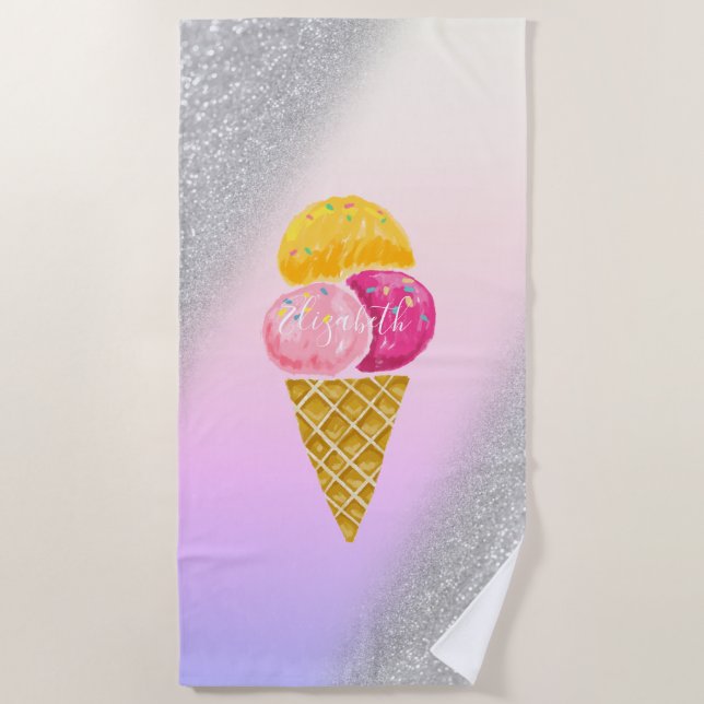 Serviette De Plage Glace à l'aquarelle,Bokeh à paillettes d'argent  (Devant)
