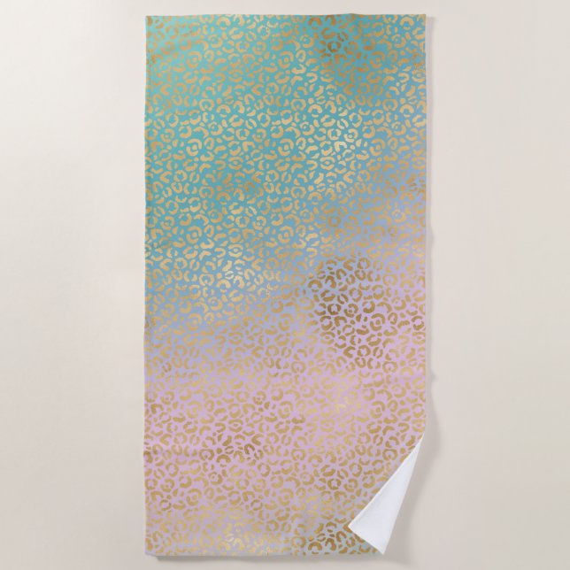 Serviette De Plage Glam Gold Empreinte de léopard Aqua Pink Tie Dye (Devant)