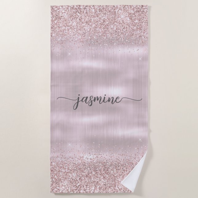 Serviette De Plage Glam Rose Gold Pailleté Monogramme Féminin Script  (Devant)