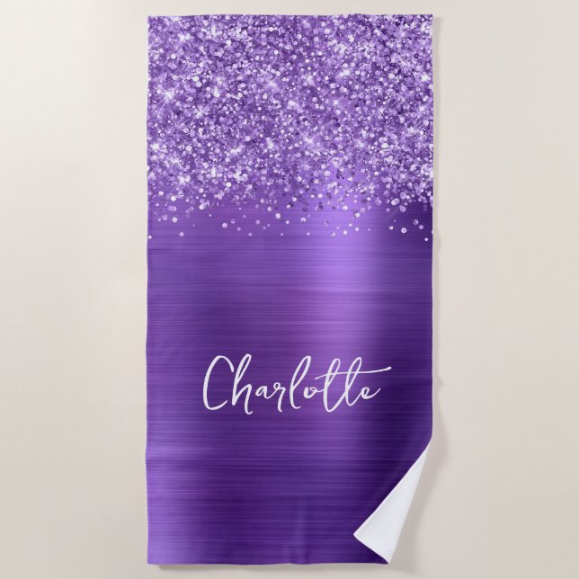 Serviette De Plage Glittery Amethyst Purple Glam Nom (Devant)