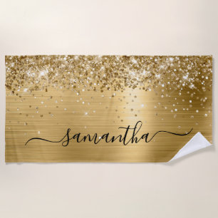 Serviette De Plage Glittery Gold Foil Élégant Swash Nom de la signatu