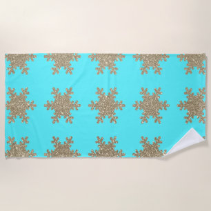 Serviette De Plage Glittery Gold Snowflakes Motif Turquoise Cute