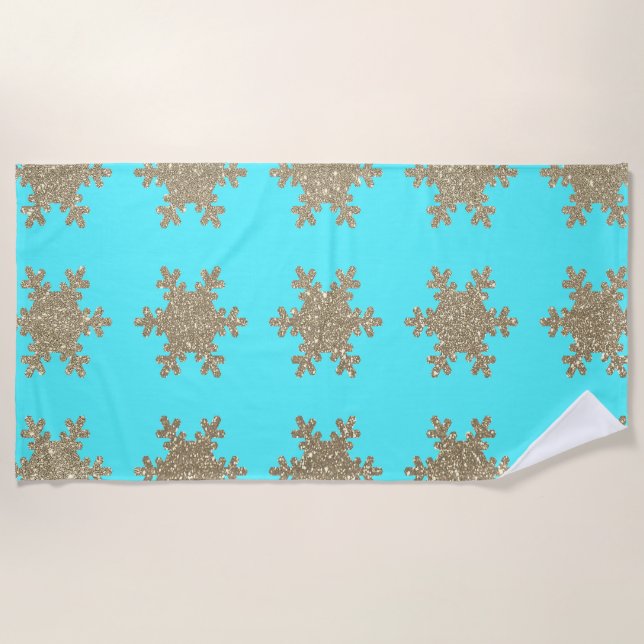 Serviette De Plage Glittery Gold Snowflakes Motif Turquoise Cute (Devant)