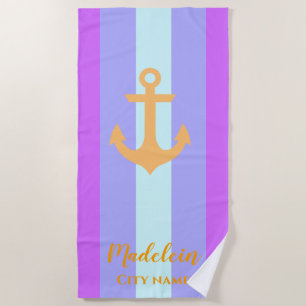 Serviette De Plage Gold Ancre Moderne Bandes Nautiques Nom personnali