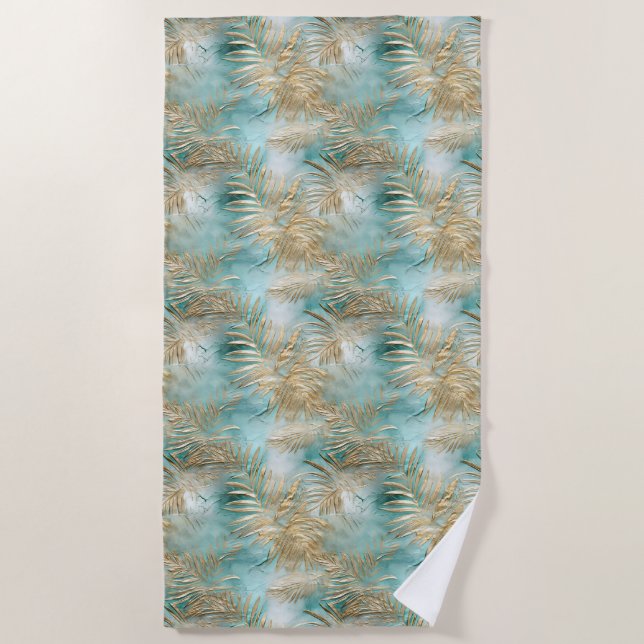 Serviette De Plage Gold Aqua White Feuilles tropicaux (Devant)