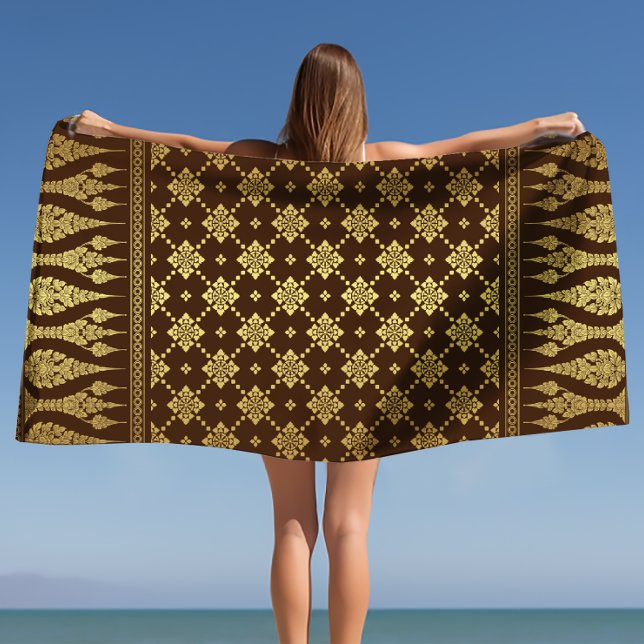 Serviette De Plage Gold et Brown Damask égyptien (Gold and Brown Egyptian Damask Beach Towel)
