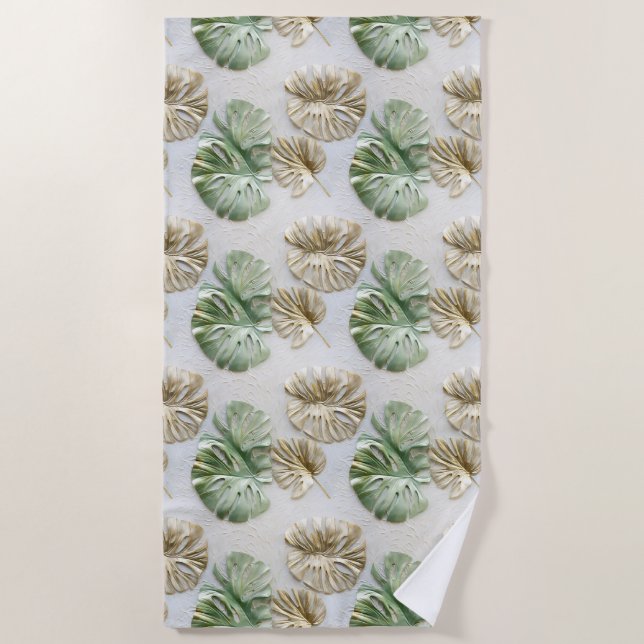 Serviette De Plage Gold Green White Feuilles tropicaux (Devant)
