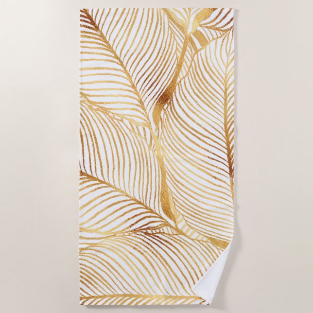 Serviette De Plage Gold Leaves White Elegant Pattern (Devant)