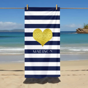 Serviette De Plage Gold Nom du coeur Bleu Nautique et Blancs