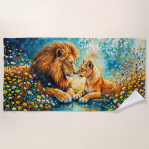 Serviette De Plage Golden Lion Lioness fleurs sauvages colorés