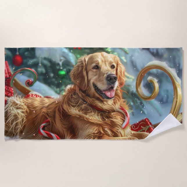 Serviette De Plage Golden Retriever Chien Festif de Noël (Devant)
