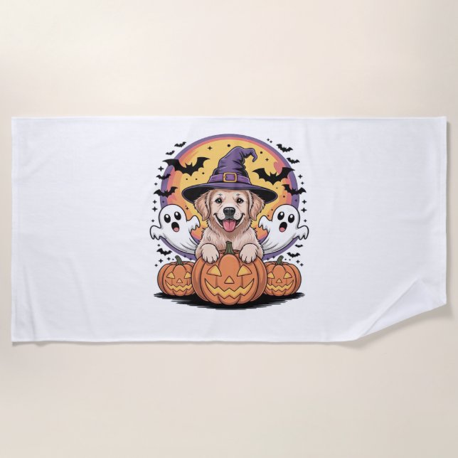 Serviette De Plage Golden Retriever Halloween Witch Chien classique T (Devant)