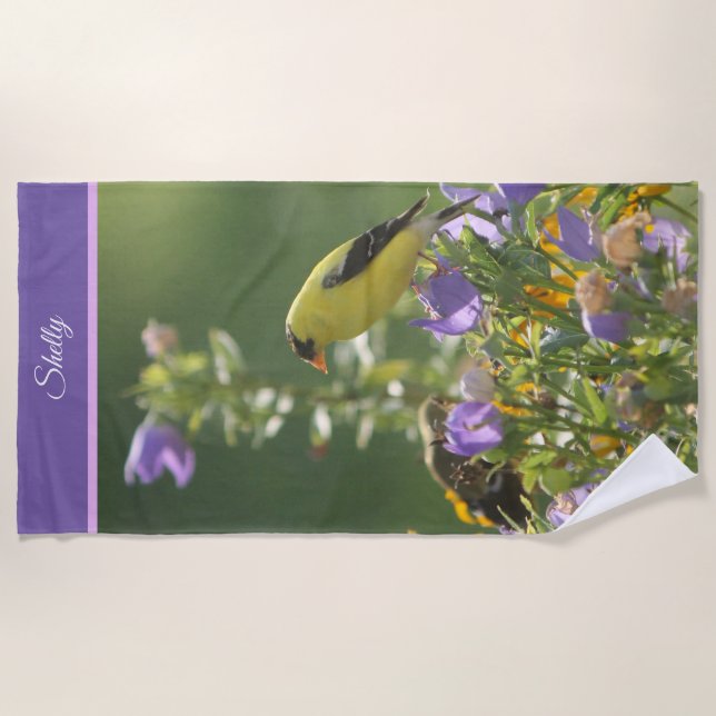 Serviette De Plage Goldfinch sur Harebell Flower (Devant)