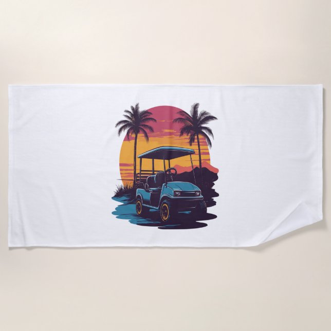 Serviette De Plage Golf Panier Palmiers Coucher de soleil Ensemble Vi (Devant)