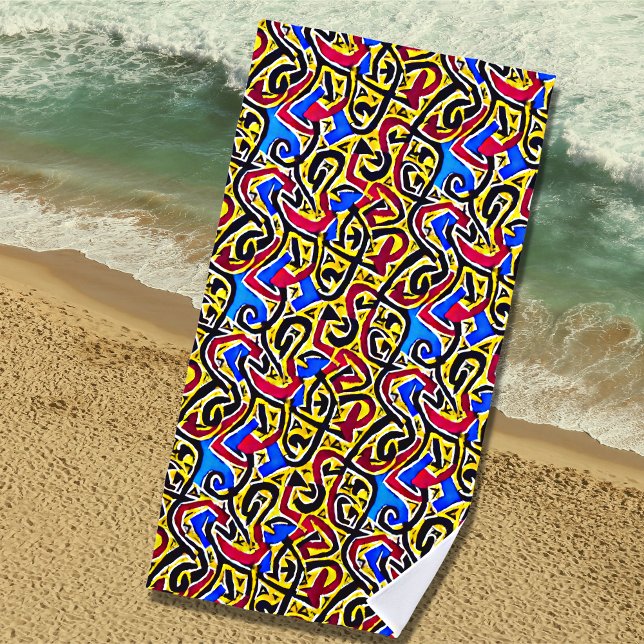Serviette De Plage Graffiti jaune rouge noir sur bleu (Créateur téléchargé)