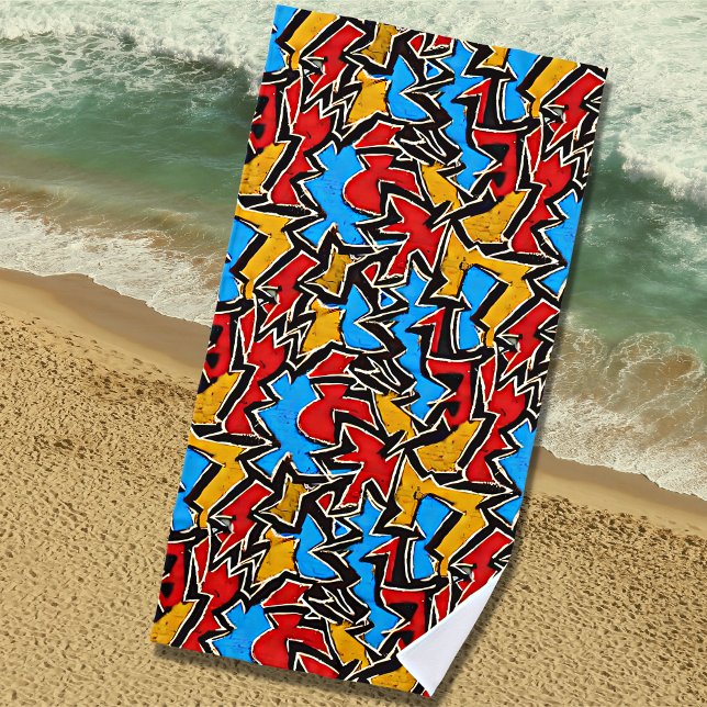 Serviette De Plage Graffiti rouge jaune noir sur bleu (Créateur téléchargé)
