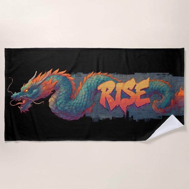 Serviette De Plage Graffiti Stylisé Dragon Mural avec Bold 'RISE' (Devant)