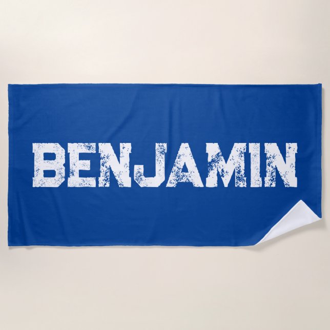 Serviette De Plage Grand nom en blanc sur bleu foncé (Devant)