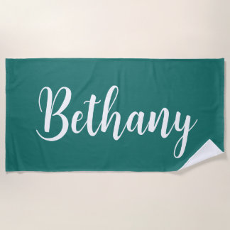 Serviette De Plage Grand nom en blanc sur bleu foncé Aqua Vert
