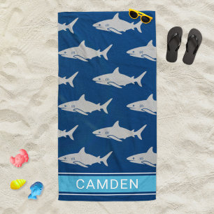 Serviette De Plage Grand requins blancs Nom personnalisé bleu marine