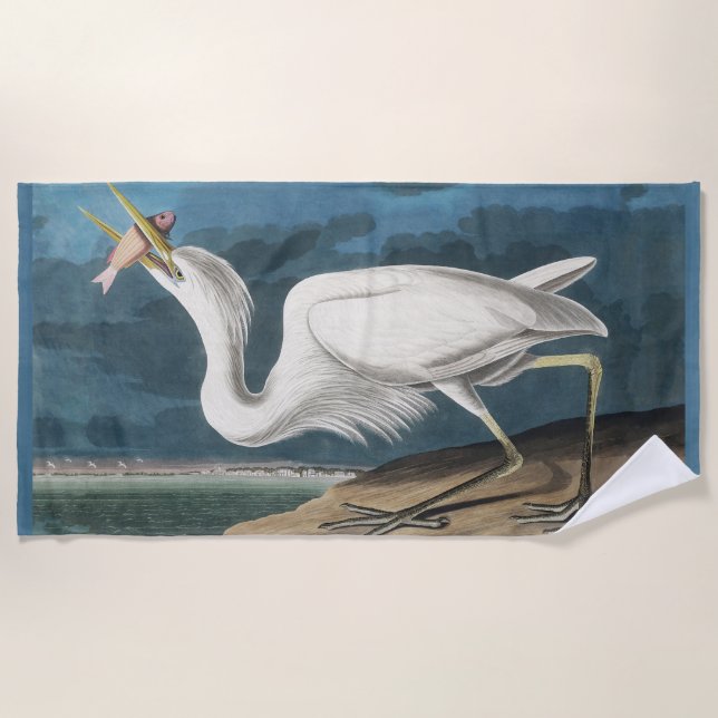 Serviette De Plage Grande Aigrette d'Audubon : Oiseau côtier vintage (Devant)