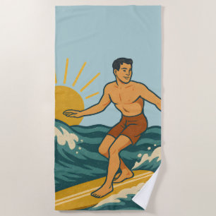 Serviette De Plage Graphique de surf côtier bleu surfeur californien