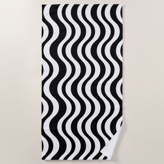 Serviette De Plage Gras Abstrait Ondulé Noir et Blanc (Devant)