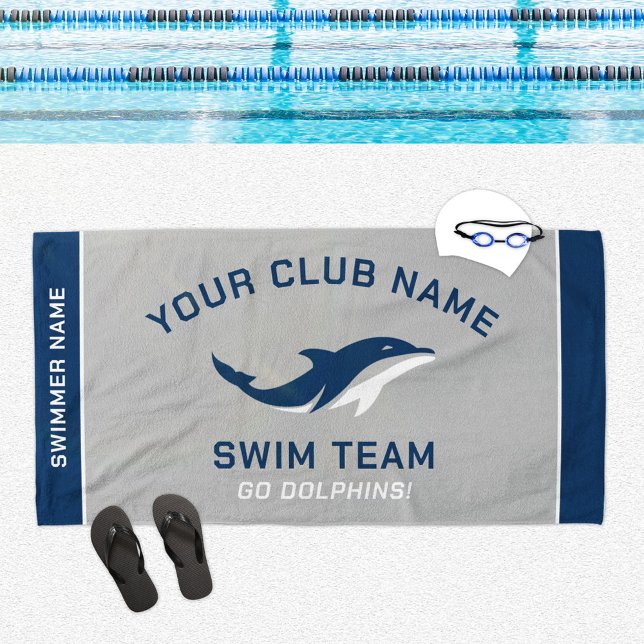 Serviette De Plage Gray Personnalisé Marine Swim Team Nom du nageur (Créateur téléchargé)