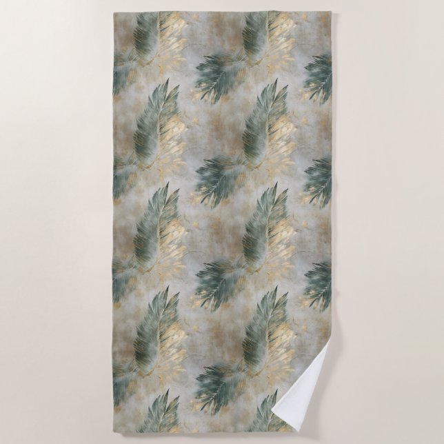 Serviette De Plage Green Glam Chic Gold White Feuilles tropicaux (Devant)