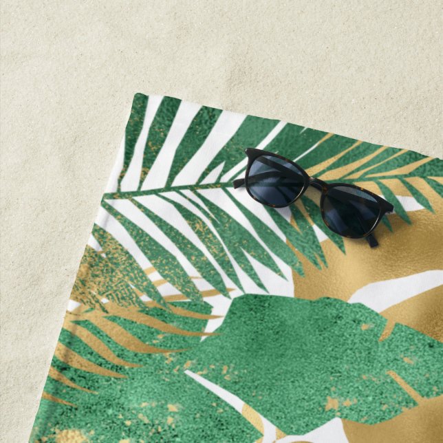 Serviette De Plage Green & Gold Plante Tropical Big Feuilles (En situation)