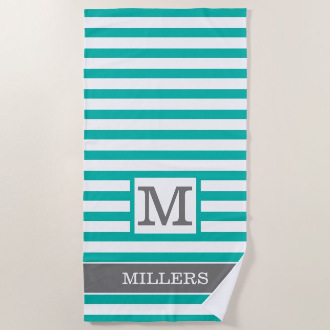 Serviette De Plage Green Grey White Striped Nom de famille Monogramme (Devant)