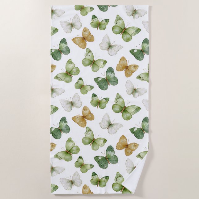 Serviette De Plage Green Tan White Butterflies (Devant)