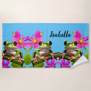 Serviette De Plage Grenouille verte personnalisée entourée de fleurs 