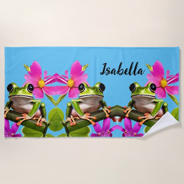 Serviette De Plage Grenouille verte personnalisée entourée de fleurs  (Devant)