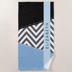Serviette De Plage Grey Zigzag, Grey Chevron, Bleu, Votre Nom