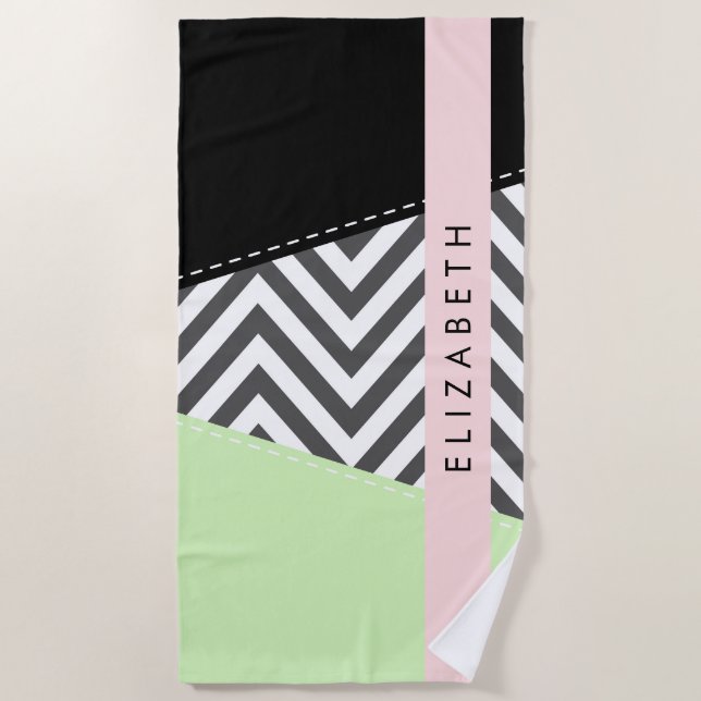 Serviette De Plage Grey Zigzag, Grey Chevron, Mint, Votre Nom (Devant)