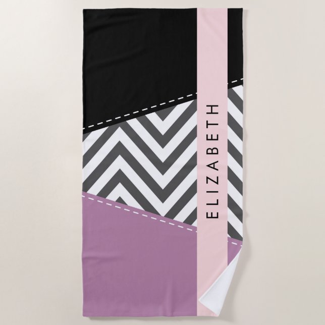 Serviette De Plage Grey Zigzag, Grey Chevron, Purple, Votre Nom (Devant)