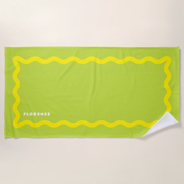 Serviette De Plage Gribouillis jaune et lime avec texte (Devant)