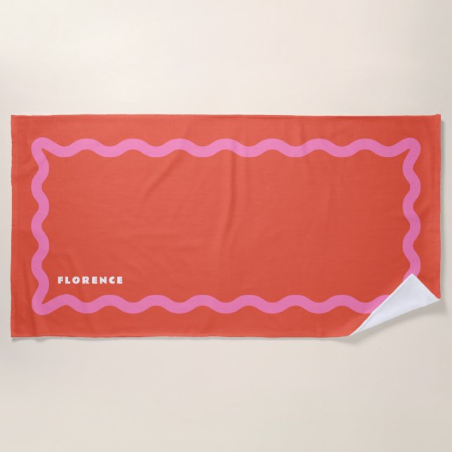 Serviette De Plage Gribouillis rose et orange avec texte (Devant)