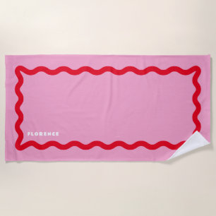 Serviette De Plage Gribouillis rose et rouge avec texte