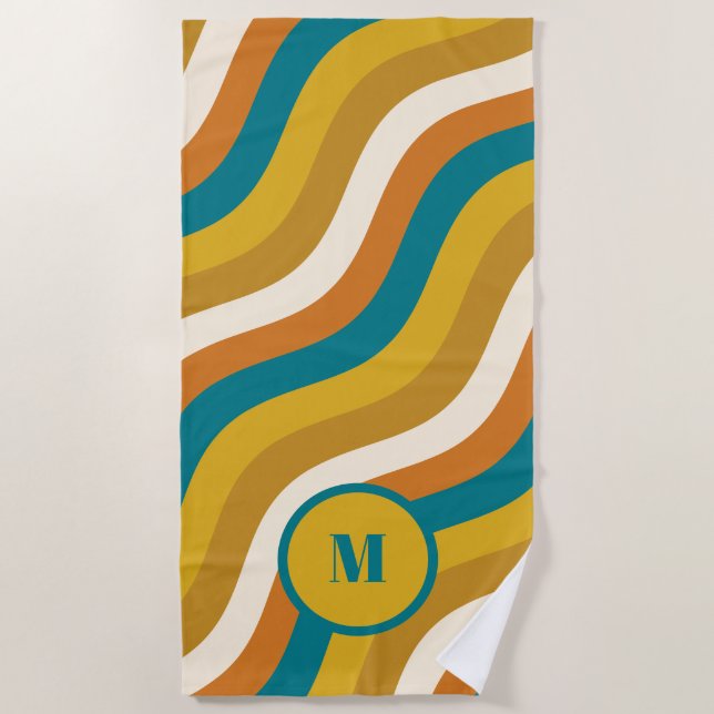 Serviette De Plage Grilles de Pop Wavy Retro Motif Turquoise Ochre In (Devant)