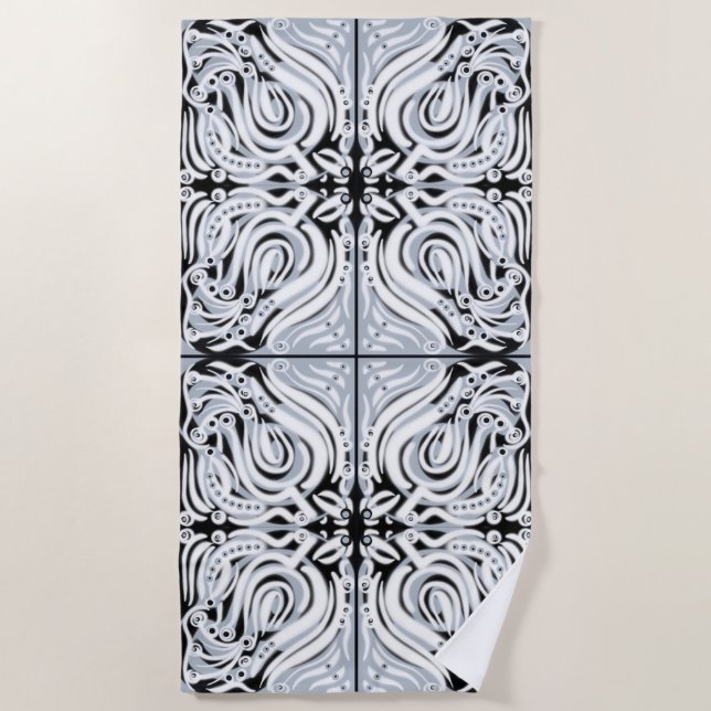 Serviette De Plage Gris Noir Blanc Abstrait Motif Bouclé  (Devant)