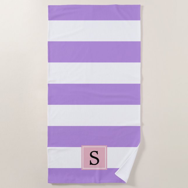Serviette De Plage Gris Violets, Motif rayé, Lignes, Monogramme (Devant)